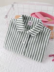 SHEIN LMoss Kids LMoss 女婴时尚可爱条纹长袖衬衫，适合外出和度假的百搭款式 - 綠色 - 查看 6