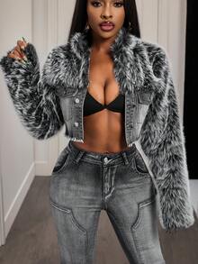 Slaydiva Women's Patchwork Faux Fur Collar Single-Breasted Frayed Hem Denim Jacket - Blue - View 3