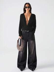 LYSMO Women's Solid Color Long Sleeve Plunging Neck Fashionable Versatile Sexy Blouse