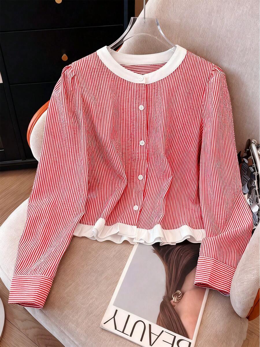 SHEIN LUNE 条纹撞色休闲通勤简约风女式上衣 - 紅色 - 查看 1