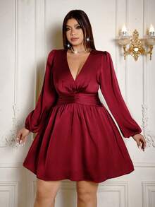 Roveilla Plus Size Women's Elegant Casual Chiffon Dress With Tie Waist, Suitable For Commute, Vacation, Afternoon Tea, Christmas Party, Solid Brown Color, Long Sleeve Dark Red Dress Burgundy Dress Red Satin Dress Long Sleeve Elegant Dress Red Wine Dress Party Red - Burgundy - View 7