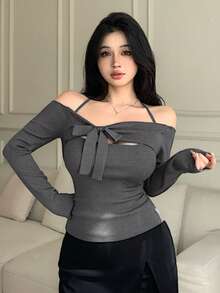 DAZY Áo len dệt kim thanh lịch dành cho nữ, thiết kế hở vai, thắt nơ, ôm eo, thích hợp cho năm mới, Giáng sinh, đám cưới, mùa thu/đông - Xám - Xem 7