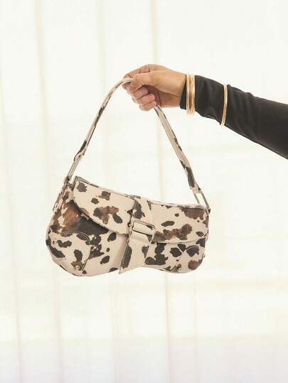 动物印花腋下包，奶牛印花铆钉摩托车风格单肩包，奶牛圆点印花女士手提包休闲腋下包，Y2K 流浪包，新月包，青少年女孩的街头风格节日礼物，派对，日常着装，工作。奶牛印花包，休闲奶牛印花图案女士钱包，女士优雅包