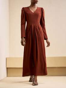 Zivah 2025 Autumn New Arrival Daily Commute Casual High-End Elegant Minimalist Streetwear Style Gigot Sleeve V-Neck Pocket Pleated Design H-Line Brown V-Neck Long Dress - Rust Brown - View 5