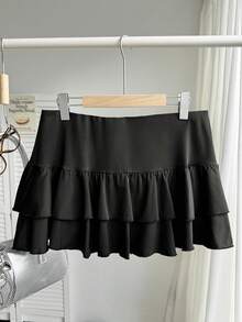 SHEIN Comfortcana Plus Size Casual Mini Skirt With Layered Ruffle Hem, Solid Color, Spring Transition Black Ruffle Skirt - Black - View 2