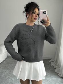 Elenzga Sweater Pullover Wanita Kerah Bulat Motif Bunga Warna Polos - Dark Grey - View 7
