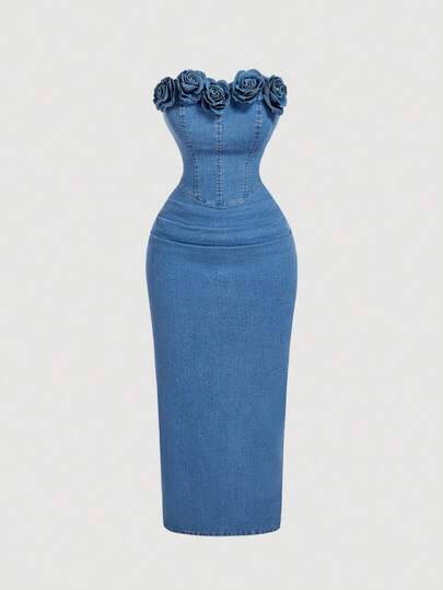 SHEIN MOD Women's Floral Decor Fitted Denim Tube Dress With Tie Straps ,Elegant Vacation Outfits Dresses,Blue Dress,Valentine's Day