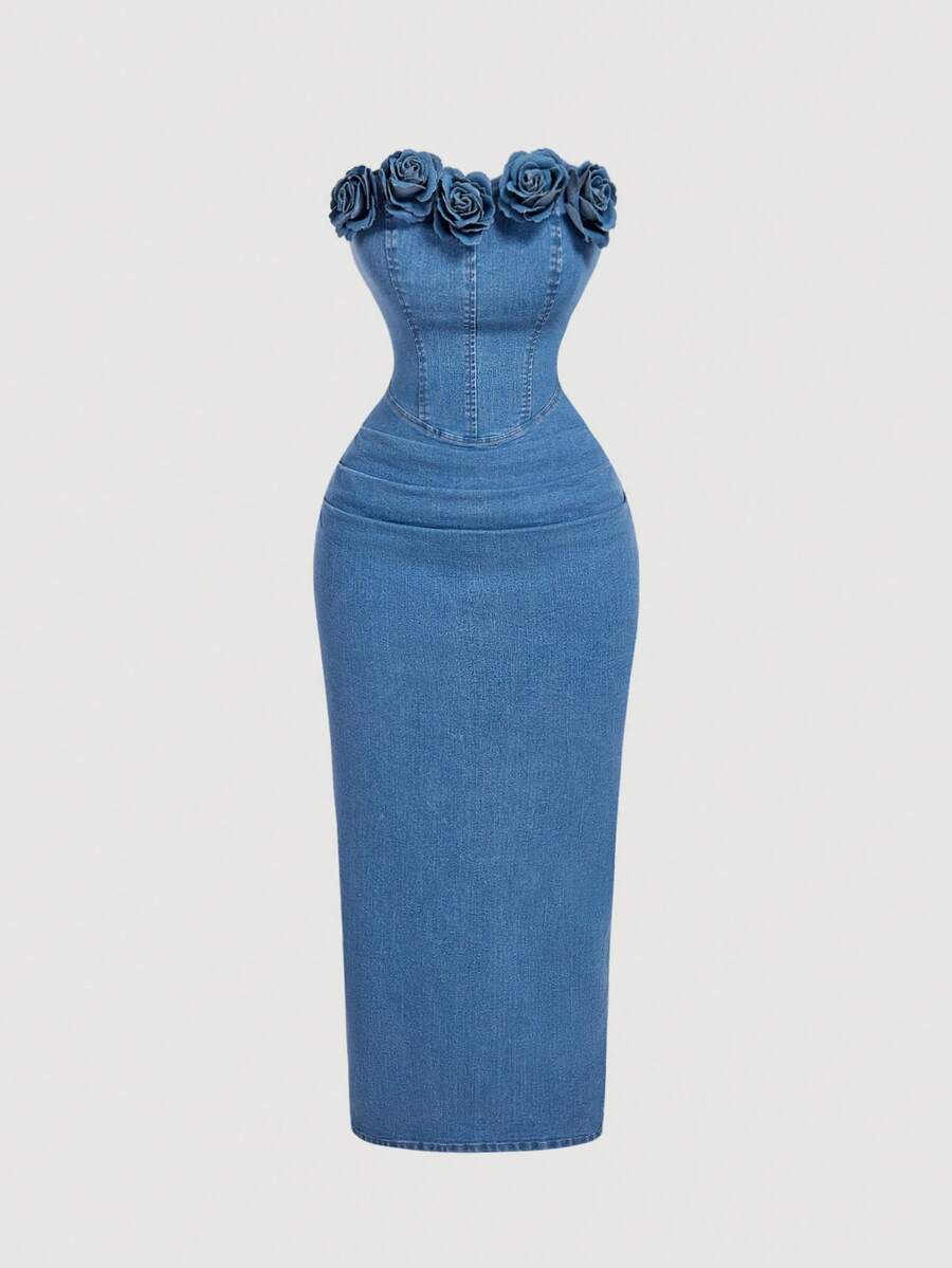 SHEIN Tall Women's 3D Floral Decor Fitted Elegant Denim Dress, Tall Women - Blue - View 1