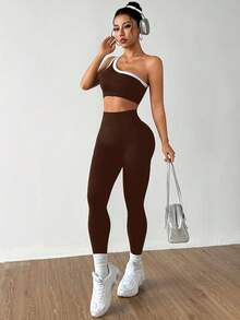 Dewbera Bộ đồ thể thao nữ liền mạch nâng mông một bên vai tập yoga co giãn cao - Cà phê nâu - Xem 6