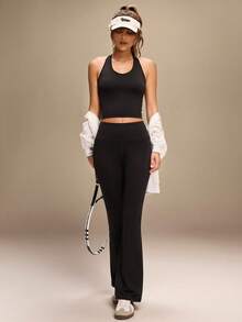 SHEIN Women's Solid Color Wireless Yoga Halter Sports Bra - Black - View 6