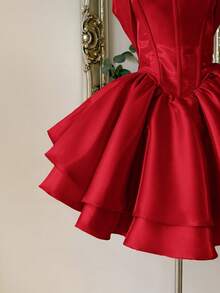 Elegant, Romantic, Fashionable Khaki Satin Herringbone Mid-Length Dress, Suitable For Vacation, Wedding, Graduation, Party, Cocktail, Social Gathering, Ball - Red - View 5