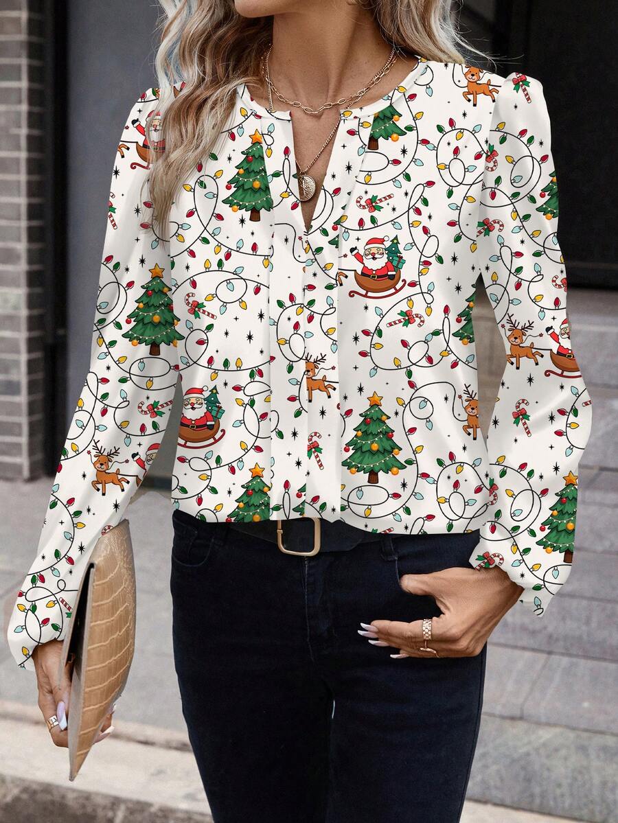 SHEIN Clasi Áo thun nữ in hình ông già Noel và tuần lộc Giáng sinh, phù hợp cho dịp Giáng sinh - Nhiều màu - Xem 1