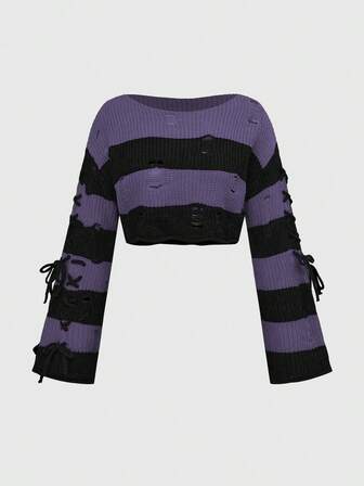 Side Lace-Up Halloween Orange & Black Striped Cropped Knit Top