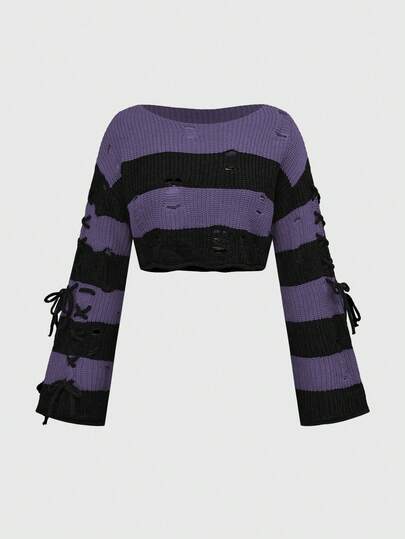 Seitlich geschnürter Halloween-Crop-Top in Orange und Schwarz gestreift