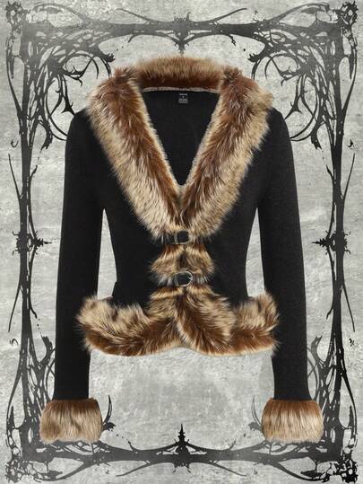 Y2Kool BiGraphic Black Faux Fur Patchwork Vintage Punk Furry Cardigan, Casual Women Jacket Suitable For Autumn/Winter Party, Daily Wear Matching Idea Black Cardigan Woman Women Cardigan Fur Jacket Women Winter Clothes Shrugs For Women Black Jacket Women Women S Blazers Stylish Clothing Collection New Year Outfits