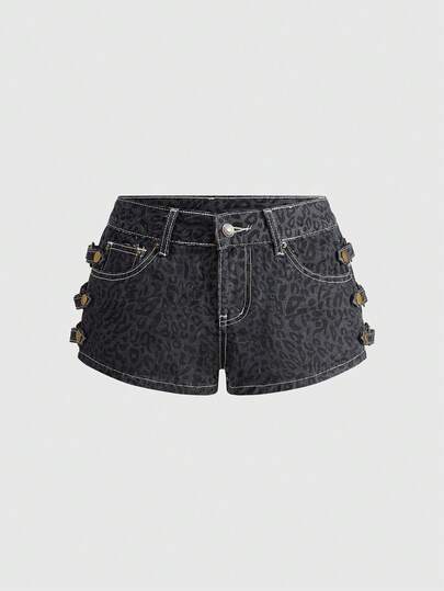 Grunge Punk Y2K Sexy Leopard Print Ultra Low-Rise Denim Shorts