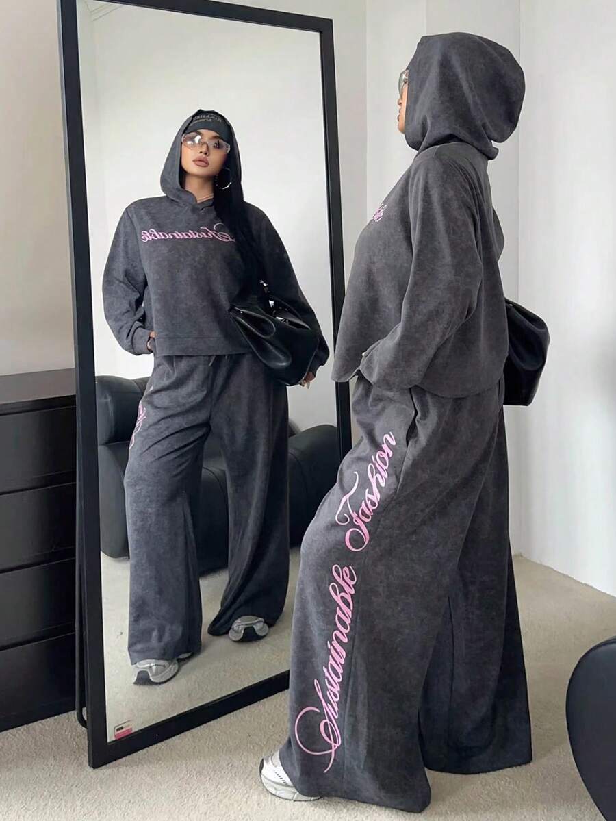 POPSWAY Bộ 2 món áo hoodie dài tay giặt axit phong cách đường phố thường ngày cỡ lớn dành cho nữ và quần rút dây - Nhiều màu - Xem 1