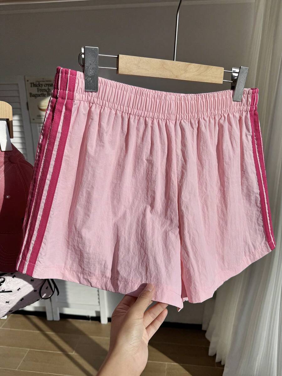 Comfortcana 大码夏季休闲运动撞色腰带短裤女款粉色运动短裤运动短裤女款短裙 - 粉色 - 查看 1