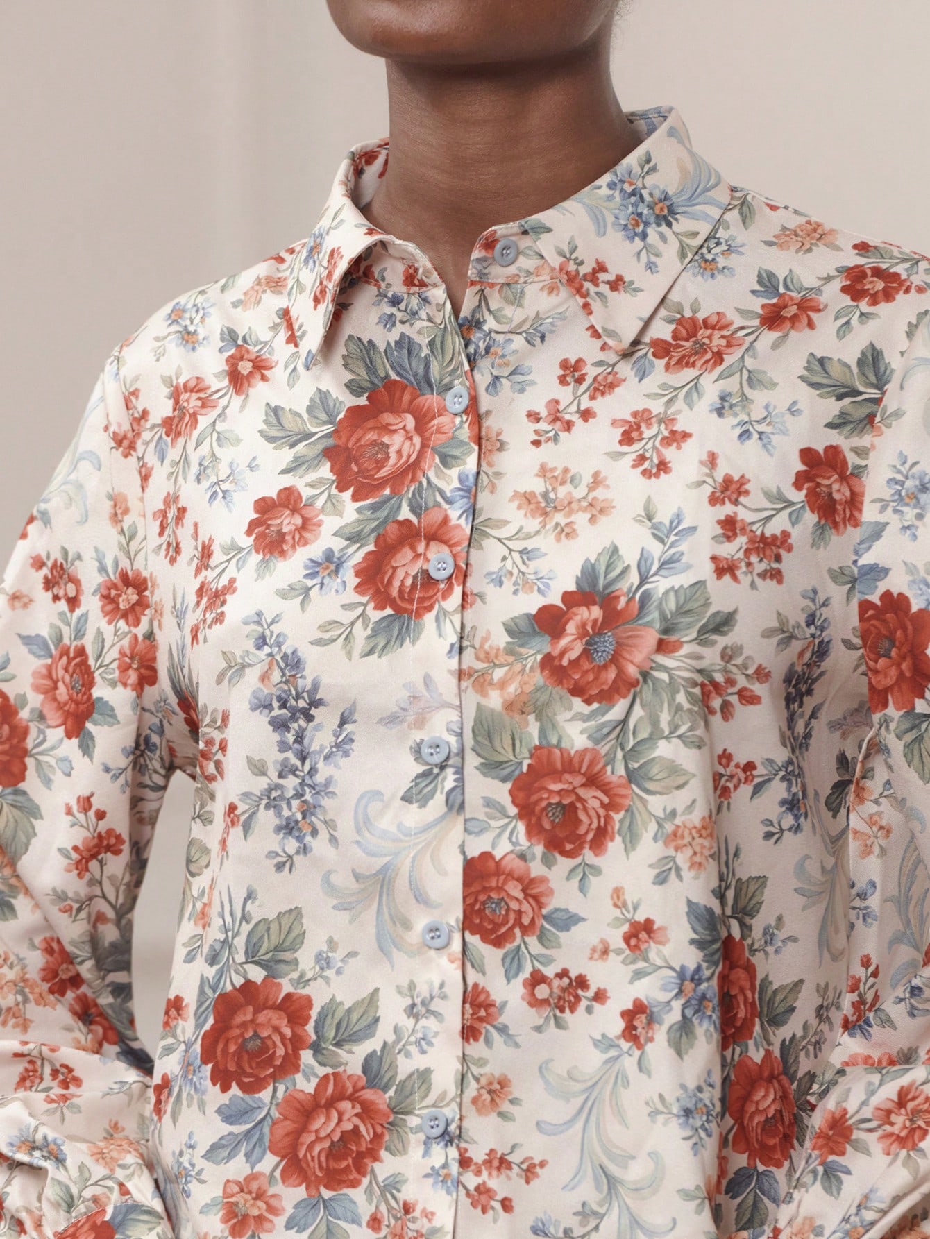 Vintage Floral Satin Long Sleeve Shirt With Classic Collar And Button-Up Front Business Casual Top Spring Summer New Year Going Out