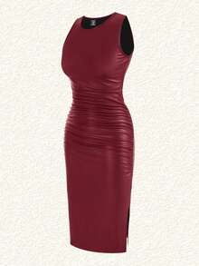 SHEIN EZwear Wine Red Elastic Leather Sleeveless Dress, Christmas & Valentine's Day Style/Winter - Burgundy - View 5