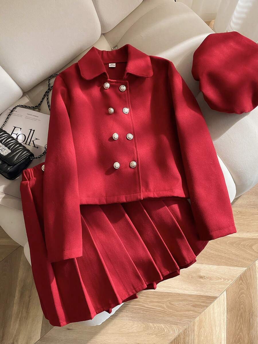 Elladie kids 2件套女童大翻领双排扣长袖宽松开衫和百褶裙套装，优雅适合派对、工作、圣诞节等场合，配贝雷帽 - 紅色 - 查看 1