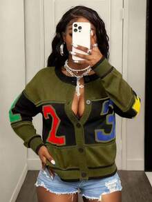 BamGleam 女士长袖圆领开衫毛衣，纽扣装饰，1234提花图案，休闲宽松时尚开衫，冬季 - 軍綠色 - 查看 3