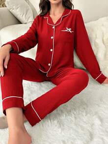 SHEIN Bow Decor Contrast Trim Front Button Long Sleeve Top And Pants Pajama Set Women Red Pajamas For Women Sleepwear 2 Pieces Set, Fall & Winter Clothes
