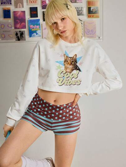 Y2Kool Maria Clara Maia Y2K Style Cat & Star Print "Good Vibes" Distressed Graphic Cropped Crew Neck Sweatshirt For Women, Casual For Autumn/Winter Parties, Daily Wear