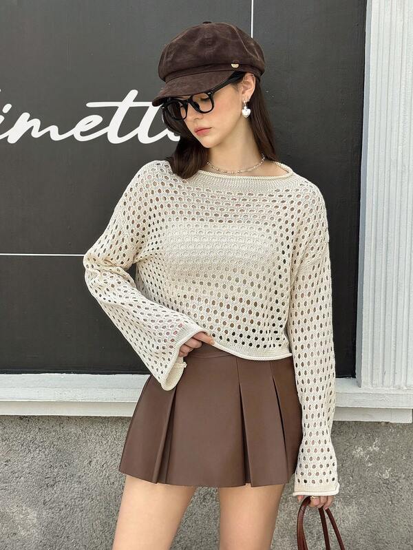 SHEIN Teen Girls' Hollow Out Knit Flare Sleeve Sweater White Textured Knit Sweater Tween Girl Sweater Girls White Sweater Kids White Knit Sweater Teen White Sweater