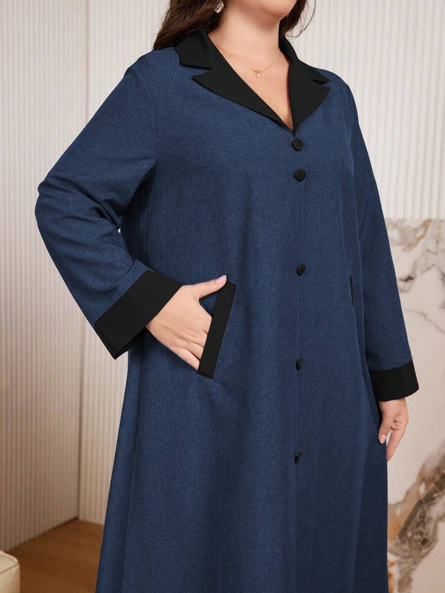 Al Najma Vestido Midi de Manga Longa Casual com Blocos de Cor e Decoração de Botões, Ajuste Folgado, Primavera/Outono, Plus Size - Multicolorido - Visão 1