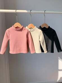 3件套女婴纯色针织荷叶边长袖上衣，加厚保暖内衬，适合秋冬季穿着 - 彩色 - 查看 3