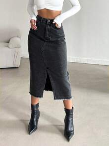 SHEIN PETITE Petite High Waist Front Slit Denim Skirt - Black - View 5