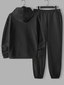 SHEIN Cottnline مجموعة هوديي وبنطلون رياضي كاجوال للرجال قطعتان - الأسود - مشاهدة 2