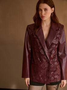 MOTF PREMIUM PU LEATHER EMBROIDERY FLORAL PATTERN LAPEL COLLAR BLAZER - Burgundy - View 4