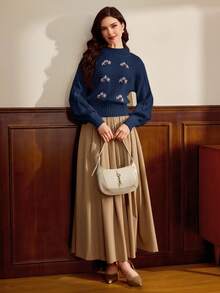 Vintamour 女士纯色刺绣圆领休闲毛衣 - 藍色 - 查看 5