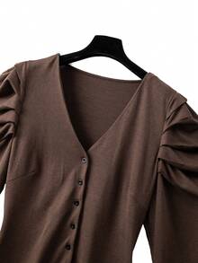 GlowEve CURVE Plus Size Gigot Sleeve Open Front Knit Long Sleeve Casual Fitted Top, Autumn/Winter - Brown - View 3