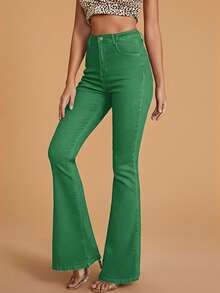 Selenza Women's High Waist Pocketed Flare Casual Versatile Jeans - Green - View 4