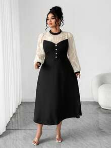 SHEIN Elenzya Plus Size Solid Color Patchwork Embroidery Decor Long Sleeve Decorative Button Elegant Evening Dress, Formal Women Dresses For Party, Autumn/Winter - Multicolor - View 5