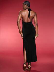 Normani Vestido Verão Feminino Sexy de Cor Sólida com Recorte Vazado e Costas Abertas com Fenda Alta - Preto - Visão 3
