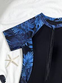 SHEIN Tween Girls Tropical Print Patchwork One-Piece Swimsuit With Crossover Front Cut-Out & Skirt 2-Piece Set - Multicolor - View 4