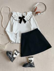 PrepCrw 2pcs Young Girls Elegant Urban Casual Collegiate Versatile White Lace Collar Black Trim Knit Loose Long Sleeve Top And Black Mini Skirt Set, Suitable For Back To School, Casual Outings, Trips, Gatherings, Holidays, Autumn/Winter - Black and White - View 9