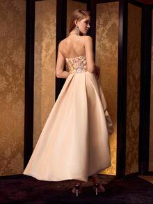 MOTF Soiréza WOMEN'S SEQUIN BODICE FLORAL PATTERN ASYMMETRIC RUFFLE HEM STRAPLESS COCKTAIL DRESS - Yellow - View 4