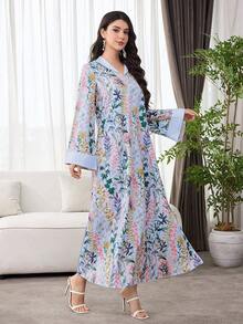 SHEIN Najma 优雅印花长袖宽松阿拉伯风格女式连衣裙 - 彩色 - 查看 3