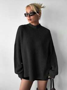 EURMUSE Plus Size Women's Solid Color Minimalist Everyday Wear Turtleneck Long Sleeve Sweater - الأسود - مشاهدة 5