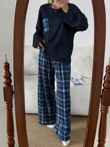 女士休闲宽松格子印花圆领睡衣套装，秋冬服装 - 藍色 - 查看 4