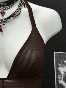 EgrlEra 女士系带性感紧身长袖网纱连体裤 - 棕色 - 查看 5