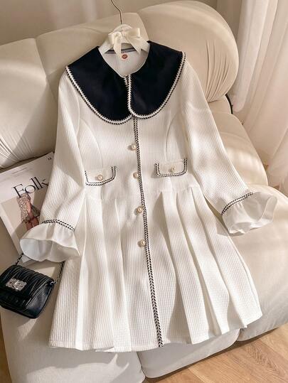 Elladie kids 少女优雅黑色翻领仿口袋珍珠纽扣装饰长袖褶裥下摆休闲简约白色连衣裙