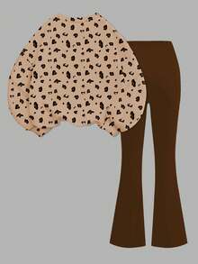 SHEIN Leap Crew Back-To-School Brown Autumn Cute School Tween Girl Leopard Print Cartoon Rabbit Loose Sweatshirt And Fitted Flare Leg Pants 2 Pieces Collegiate Set - Multicolor - View 3