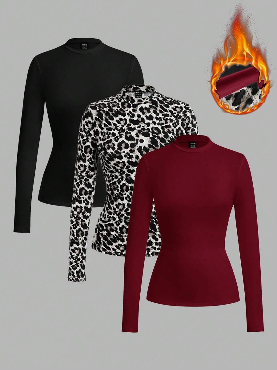 SHEIN Clasi Capa base de 3 piezas con cuello alto y manga larga versátil para mujer - Multicolor - Ver 1