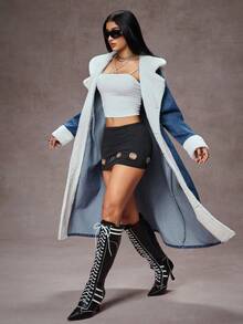 Jeanoix 女式秋冬拼布羊羔绒落肩单排扣休闲连帽牛仔夹克 - 藍色 - 查看 3